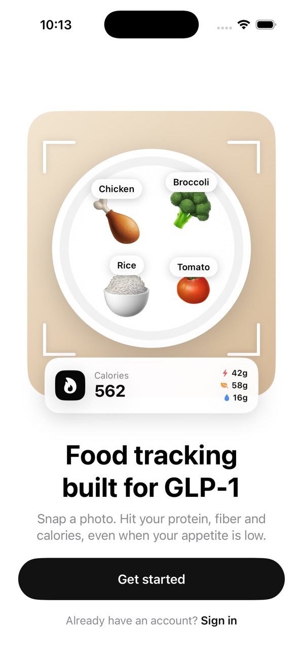A meal photo broken down into foods and calories